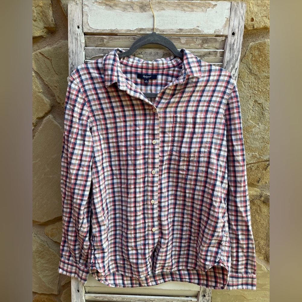 Madewell Womens Flannel Plaid Top Large Blue Peach Tan Cotton Button Front.